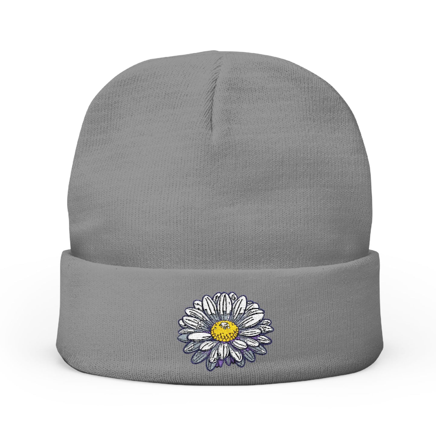 Embroidered Daisy Knit Beanie - Cozy Floral Winter Hat