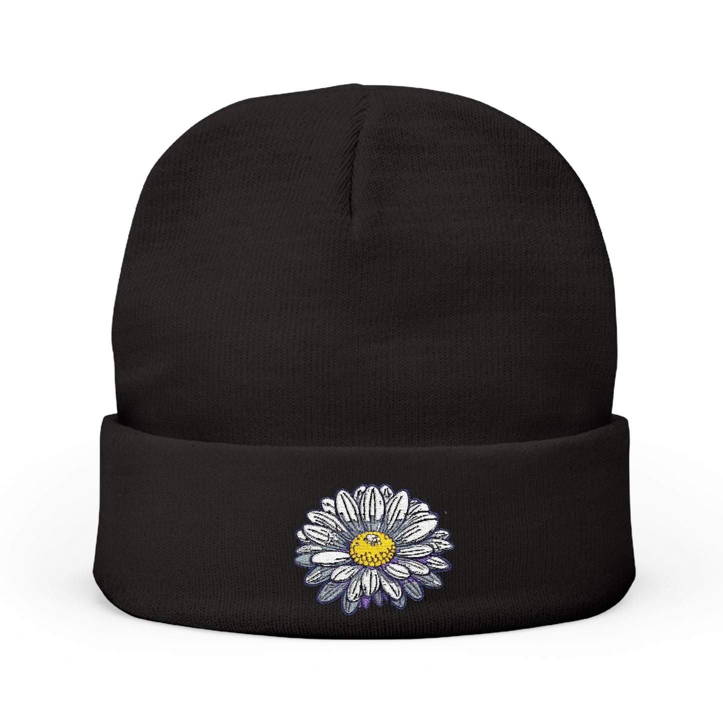 Embroidered Daisy Knit Beanie - Cozy Floral Winter Hat