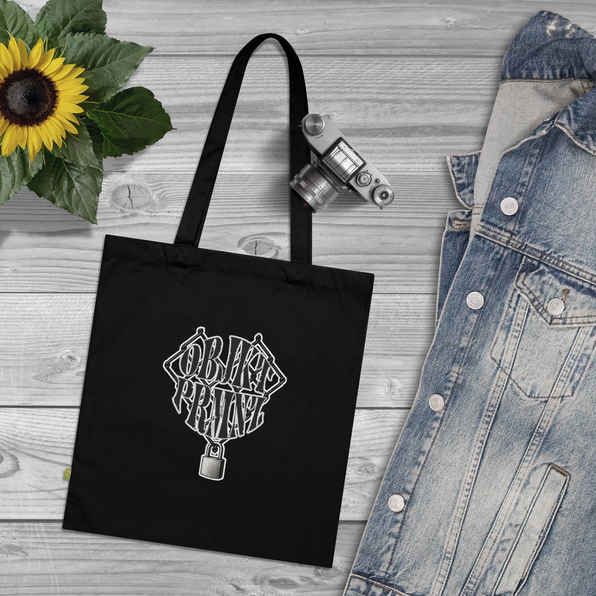 Stylish Organic Cotton Tote Bag with Lock Designs, Eco-Friendly Shopping Bag, Reusable Tote, Gift for Minimalists, Black Canvas Bag