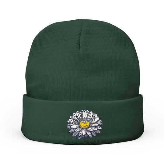Embroidered Daisy Knit Beanie - Cozy Floral Winter Hat