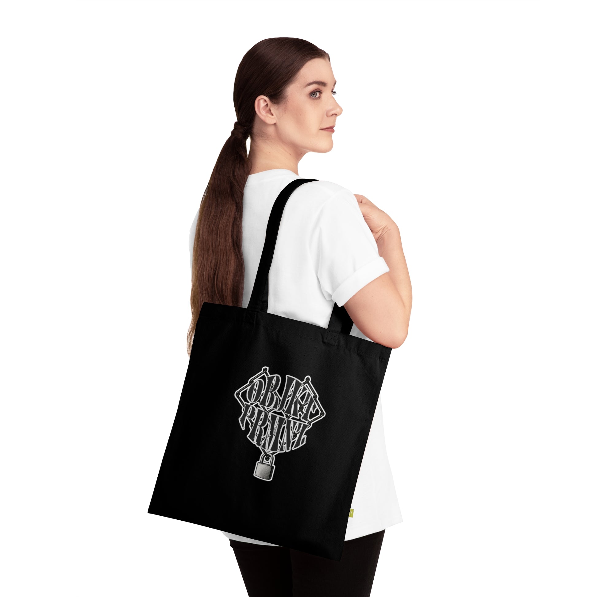 Stylish Organic Cotton Tote Bag with Lock Designs, Eco-Friendly Shopping Bag, Reusable Tote, Gift for Minimalists, Black Canvas Bag